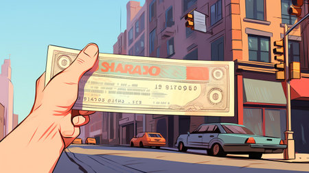 Generative AI Characters with Pay Check. Girl Carry Huge Paycheck, Man with Ink Pen for Signing. Money Prize, Lottery, People Get Cash Salary Payment with Company Bank Cheque, Payroll. Cartoon Vector Illustrationの素材