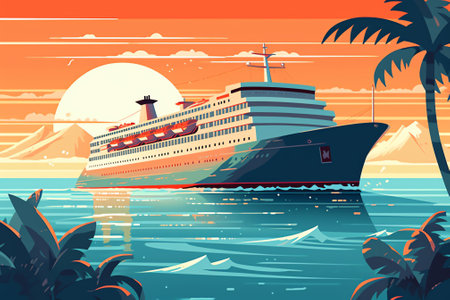 Generative AI Tropical Paradise. Cruise Ship. Exotic Island with Palm Trees. Vacation and Travel. Vector illustrationの素材