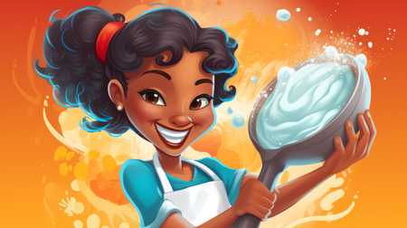 Generative AI Cooking with Children Landing Page Template. Woman Mixing Dough in Bowl, Female Character Cook Bakery, Pastry or Bread. Mother, Housewife, Chef Trying New Recipe. Cartoon People Vector Illustrationの素材