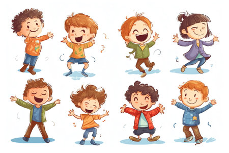 Generative AI Happiness, Childhood, Jolly Schoolkids, Kids Laughing Concept. Happy Girls and Boys Characters Laugh Expression, Funny Children Chortle, Ha-ha Emotion, Cartoon People Vector Illustration, Icons Setの素材