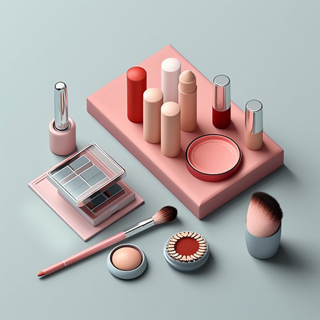 Generative AI Female Cosmetics Make-Up Set with Powder, Eyeshadow and Lipstick. Isometric vector flat 3d illustrationの素材