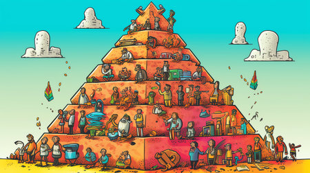 Generative AI Character in Crown on Head on Top of Maslow Hierarchy Pyramid of Human Needs Separated on Sections Physiological, Safety, Love Belongings Esteem Self- Actualization. Cartoon People Vector Illustrationの素材