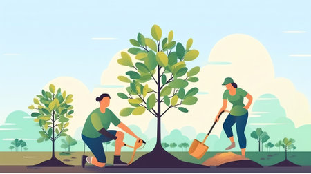 Generative AI People Gardener and Farmer Work in Garden Landing Page. Man with Scissors and Secateurs Trimming Tree. Woman Harvest Apple. Female Planting Website or Web Page. Flat Cartoon Vector Illustrationの素材