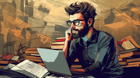 Generative AI Depressed Young Student Sitting at the Table with Stack of Books. Pop Art Vector illustrationの素材