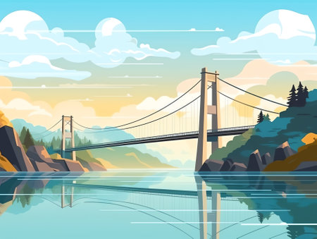 Generative AI Construction Cable-stayed Bridge. Professional Character Build New Connection of two Shore. Analyze Plan and Place, Laying Brick and Attache Cable. Flat Cartoon Vector Illustrationの素材