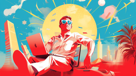 Generative AI Pop Art Happy Businessman Relaxing in Coffee Cup. Work Break. Vector illustrationの素材