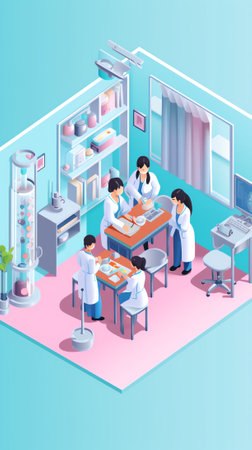 Generative AI Tiny Doctors Characters Dripping Drops in Huge Human Eye Suffering of DES, Dry Eyes Syndrome and Conjunctivitis Disease. Medical and Pharmaceutical Vision Treatment. Cartoon People Vector Illustrationの素材