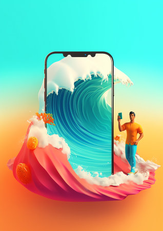 Generative AI Surfing Sport, Recreation.Mobile App Page Onboard Screen Set. Young Surfers Riding Sea Wave on Surf Board. Summertime Vacation, Leisure Concept for Website or Web Page Cartoon Flat Vector Illustrationの素材