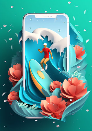 Generative AI Surfing Sport, Recreation.Mobile App Page Onboard Screen Set. Young Surfers Riding Sea Wave on Surf Board. Summertime Vacation, Leisure Concept for Website or Web Page Cartoon Flat Vector Illustrationの素材