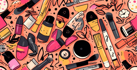 Generative AI Cosmetics Beauty Fashion Makeup Elements with Lipstick and Mascara for Stickers, Badges, Patches. Vector doodleの素材