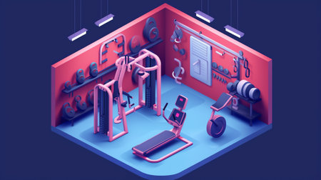 Generative AI Isometric Fitness Club Sport Center Interior with Cardio Room, Gym and Water Pool. Vector illustrationの素材