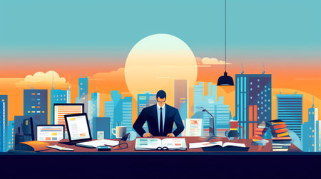 Generative AI Consulting Auditor Auditing Financial Report Data of Company Balance Statement Sitting on Huge Computer Desktop with Calculator and Glasses beneath, Business Charts. Cartoon Flat Vector Illustrationの素材
