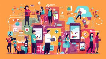 Generative AI Smart Technologies in Human Life. Young Men and Women with Smartphones Chatting and Texting, Communicating People Using Internet Services and Gadgets, Social Media Cartoon Flat Vector Illustrationの素材