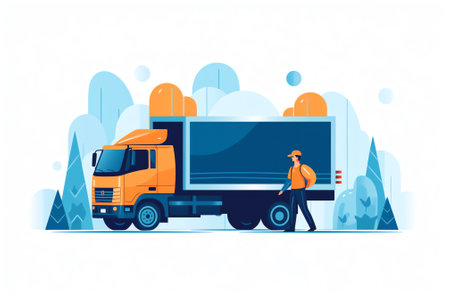 Generative AI Cargo Insurance, Guaranty of Delivery Concept. Tiny Characters Making Deal with Shipping Company, Reading Policy Document, Loading Freight in Truck. Logistics Safety. Cartoon Flat Vector Illustrationの素材