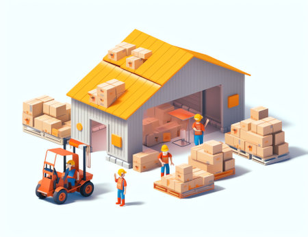 Generative AI Isometric Warehouse. Cargo Industry. Worker on Forklift Loading. Vector flat 3d Illustrationの素材