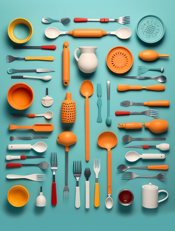 Generative AI Isometric Kithen Utensils Cutlery Collection with Knifes, Pots and Glasses. Vector flat 3d illustrationの素材