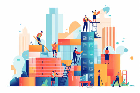 Generative AI Professional Character Build New Construction, Analyze Plan and Place, Construct Residence, Business Center or Shop. Painting Wall and Laying Brick. Flat Cartoon Vector Illustrationの素材