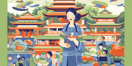 Generative AI Characters Weaving Carpet on Handloom and Selling on Asian Bazaar. Traditional Oriental Art, Handmade Craft. Tiny People with Huge Equipment and Threads for Rugs. Cartoon People Vector Illustrationの素材