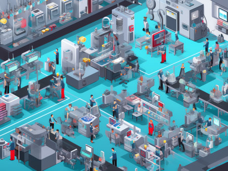 Generative AI Milk Factory. Automated Production Line in Dairy Plant with Workers. Isometric vector flat 3d illustrationの素材