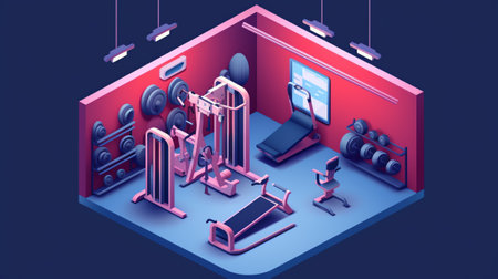 Generative AI Isometric Sports Nutrition Elements with Supplements, Protein Bottle, Pills, Vitamins, Whey. People in Gym. Vector flat 3d illustrationの素材