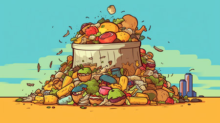 Generative AI Set Different Garbage and Old Things Plastic Cup, Tin Can, Banana Peel, Apple Stub. Fish Bone, Yoghurt Pack, Broken Glass Bottle, Egg Shell, Trash Closeup, Used Packages. Cartoon Vector Illustrationの素材