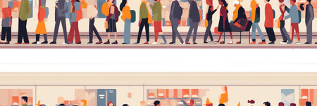 Generative AI People Stand in Queue with Reusable Packaging in Hands Visiting Open Air Store. Male and Female Characters Use Eco Packing for Shopping Happy of Purchases and Bought. Cartoon Flat Vector Illustrationの素材