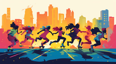 Generative AI Set of Teens Making Stunts and Tricks on Skateboards. Young People Skating Longboards, Teenagers Skaters Boys and Girls Freedom Lifestyle. Urban Culture, Sport, Recreation. Cartoon Vector Illustrationの素材