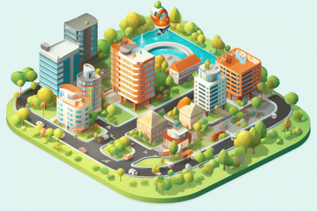Generative AI Isometric City Facilities. Different Urban Stuff with Trees, Bench, Light and Fountain. Vector illustrationの素材