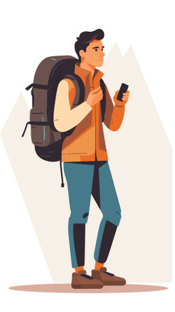 Generative AI People Couple Travel Mobile App Page Onboard Screen Set. Tourist Man Walk at Vacation with Backpack, Camera and Map. Hiking Photographer for Website or Web Page. Flat Cartoon Vector Illustrationの素材