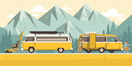 Generative AI Set Car Travel Theme. Man with Map and and Woman with Camping Stuff and Luggage Traveling by Automobile. Male and Female Characters Enjoy Auto Tourism, Road Journey. Cartoon People Vector Illustrationの素材