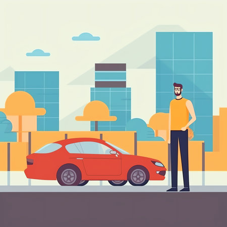Generative AI City Traffic, Man Driving Car Stand on Traffic Light. Urban Transport on Speedway, Male Character Dweller Riding Yellow Sedan Automobile, Citizen Route, Transportation. Cartoon Vector Illustrationの素材