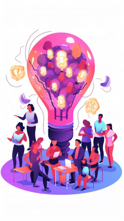 Generative AI Business People Pushing Together Huge Puzzle Piece with Light Bulb Sign. Businessmen Perfect Teamworking Group Creative Idea and Startup Project Construction Process. Cartoon Flat Vector Illustrationの素材