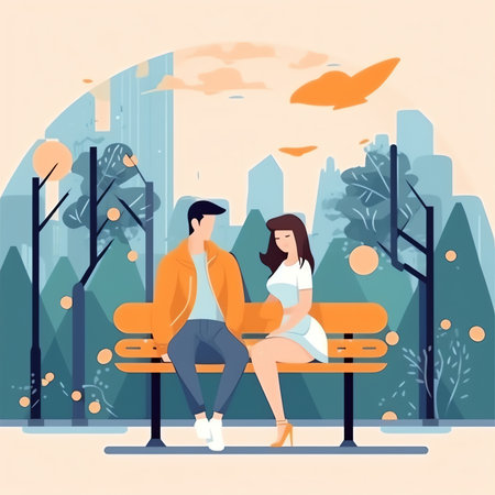 Generative AI Love Couple Travel in Park Landing Page Set. Romantic People Dating on Bench Outdoor. Happy Hipster Character Vacation Lifestyle Concept for Web Page. Flat Cartoon Vector Illustrationの素材