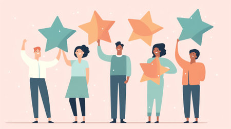 Generative AI Business Team Holding Horizontal Empty Banner. Happy People with Blank Billboard. Teamwork Advertising Concept Presentation, Announcement. Vector illustrationの素材
