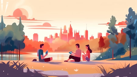 Generative AI Love Couple Travel in Park Landing Page Set. Romantic People Dating on Bench Outdoor. Happy Hipster Character Vacation Lifestyle Concept for Web Page. Flat Cartoon Vector Illustrationの素材
