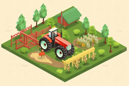 Generative AI Gardener Trimming Plants. Garden Worker Using Lawn Mower. Isometric People. Vector illustrationの素材