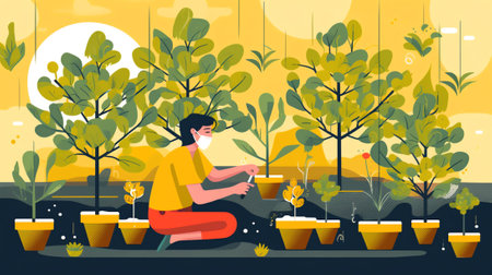 Generative AI Gardener Relaxing Activity on Summer Cottage. Character Planting Beautiful Flower, Grafting and Caring of Tree and Shrub, Growing Vegetable and Fruit. Flat Cartoon Vector Illustrationの素材