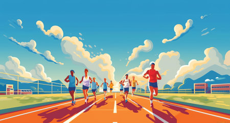 Generative AI Group of Male and Female Characters Running Marathon Distance in Raw. Sport Jogging Competition. Athlete Sprinter Sportsmen and Sportswomen Run Marathon, Sprint Race. Cartoon Flat Vector Illustrationの素材