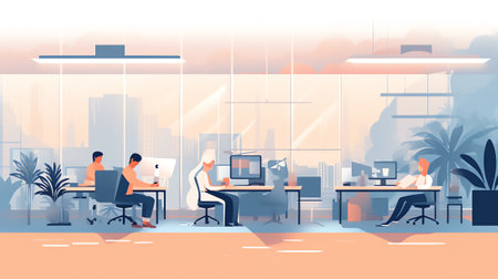 Generative AI Absence Work Management, Sick Leave or Vacation Absence Concept. Company Boss Character Stand at Empty Office Desk with Laptop and Armchair. Employees Out of Job. Cartoon People Vector Illustrationの素材