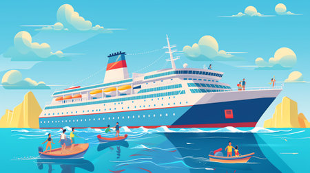 Generative AI Set of Stickers People Summer Journey On Nautical Passenger Vessel. People Boarding On Cruise Liner Deck. Characters with Luggage, Anchor, Tickets, Photo Camera, Backpack. Cartoon Vector Illustrationの素材