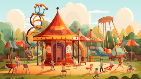 Generative AI Isometric Children Playground in the Park with People, Sweengs, Carousel, Slide and Sandbox. Vector illustrationの素材