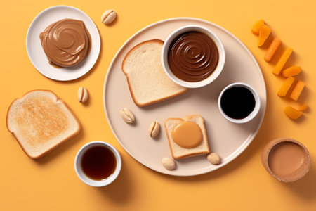 Generative AI Peanut Butter on Spoon, in Glass Jar and Sandwich Slice. Sweet Spread, Tasty Snack, Nut Brown Cream Graphic Design Elements Isolated on White Background. Cartoon Vector Illustration, Icons Setの素材