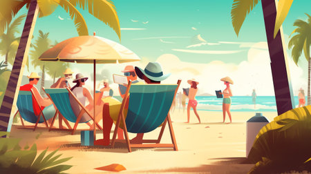 Generative AI Happy Business Characters Preparing to Beach Vacation. Office Workers People on Tropical Resort with Cocktail. Tourism and Travel. Vector illustrationの素材