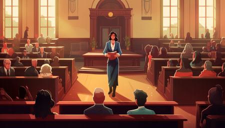 Generative AI Law and Justice Concept with Characters and Judical Elements, Lawbook, Lawyer. Judg with Gavel in Courtroom and Court Jury People. Vector illustrationの素材