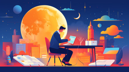 Generative AI Procrastination in Business Process Concept. Businessman Sitting on Hourglass with Laptop in Hands. Time Management, Multitasking, Working Productivity Infographics. Cartoon Flat Vector Illustrationの素材