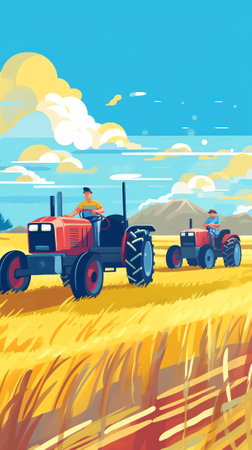 Generative AI Flour Production, Characters Producing Wheat, Manufacture Process, Bread Industry. People Harvesting Cereals and Loading Sacks with Harvest on Truck, Agriculture, Factory. Cartoon Vector Illustrationの素材