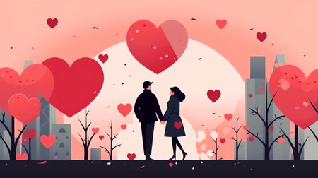 Generative AI Loving Couple Share Huge Red Heart to Each Other. Human Relations, Love, Romantic Dating. Young Man and Woman Character Spending Time Together Outdoors. Valentines Day Cartoon Flat Vector Illustrationの素材