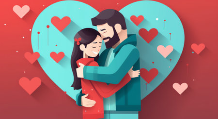 Generative AI Loving Couple Share Huge Red Heart to Each Other. Human Relations, Love, Romantic Dating. Young Man and Woman Character Spending Time Together Outdoors. Valentines Day Cartoon Flat Vector Illustrationの素材
