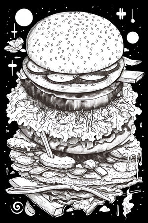 Generative AI Hand Drawn Burgers. Fast Food Menu with Cheeseburger, Sandwich and Hamburger. Vector illustrationの素材