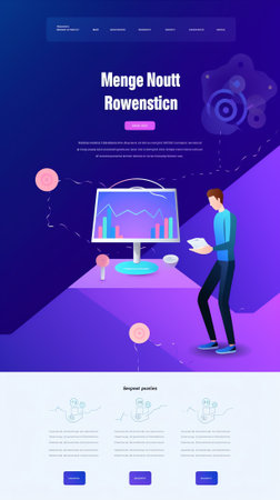 Generative AI Business Data Analysis Research Landing Page. Marketing Strategy Development with People Character Analyzing Digital Plan Chart on Laptop Website or Web Page. Flat Vector Illustrationの素材